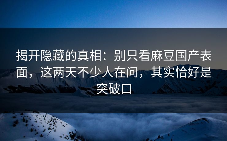 揭开隐藏的真相：别只看麻豆国产表面，这两天不少人在问，其实恰好是突破口